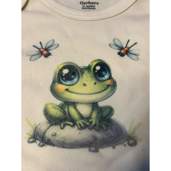 Gerber Baby Bodysuit 12M Snapsuit Short Sleeve with Frog & Dragonflies Print 16" - Picture 4 of 7